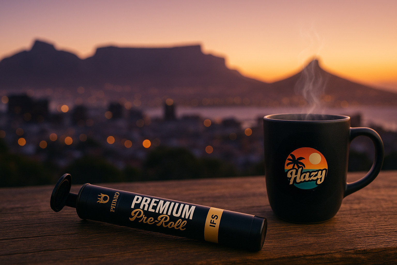Black mug with 'Flazy' logo and a pre-roll product on a wooden surface with a cityscape and sunset in the background.
